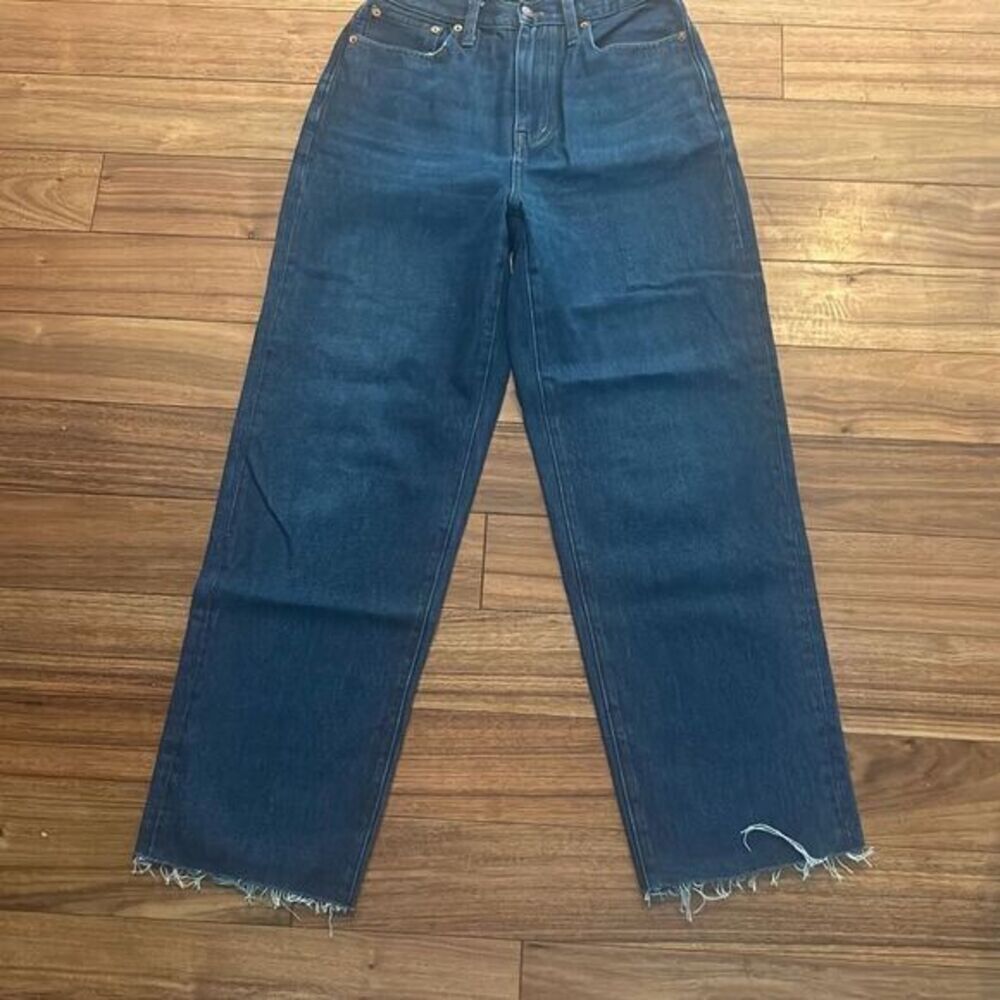 MADEWELL baggy straight leg jeans loose fit distressed raw hem‎ dark denim